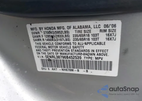 2006 Honda Odyssey Ex-L z USA, uszkodzony, nr VIN 5FNRL38796B452539